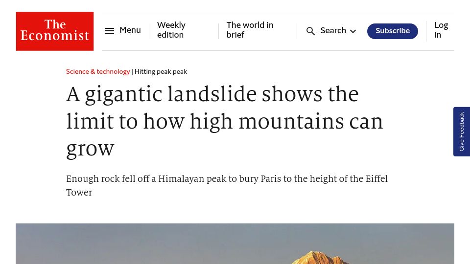 Screenshot of economist.com: A gigantic landslide shows the limit to how high mountains can grow