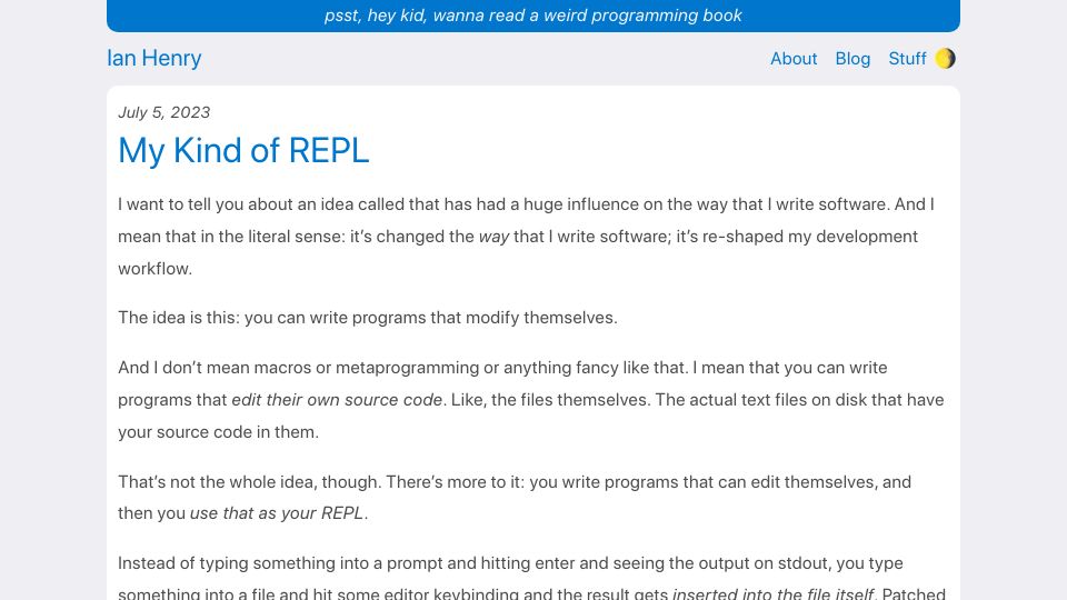 Screenshot of ianthehenry.com: My Kind of REPL