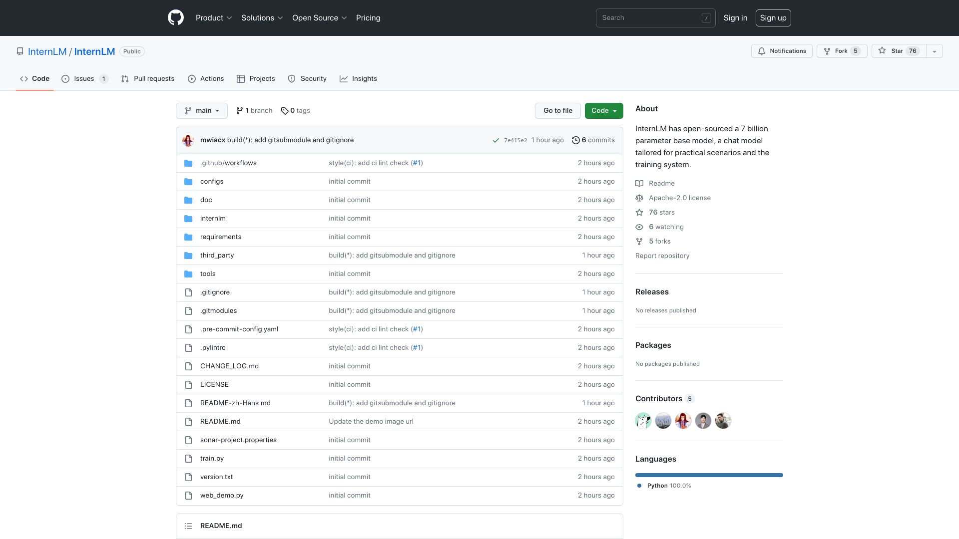 Screenshot of github.com: InternLM – new open source 7B LLM