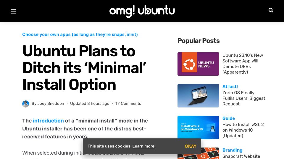Screenshot of omgubuntu.co.uk: Ubuntu Plans to Ditch Its ‘Minimal’ Install Option