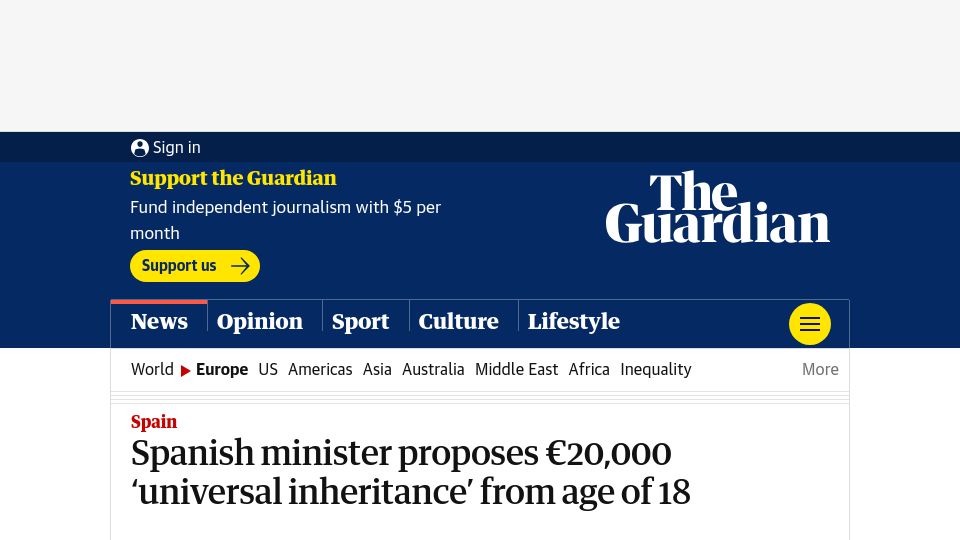 Screenshot of theguardian.com: Spanish minister proposes €20k ‘universal inheritance’ from age of 18