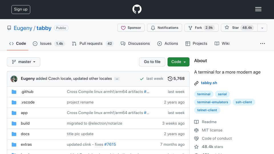 Screenshot of github.com: Tabby: A terminal for a more modern age