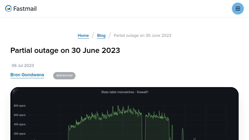 Screenshot of fastmail.com: Fastmail 30 June outage post-mortem