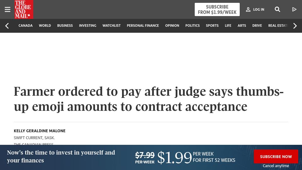 Screenshot of theglobeandmail.com: Canadian judge says thumbs-up emoji amounts to contract acceptance