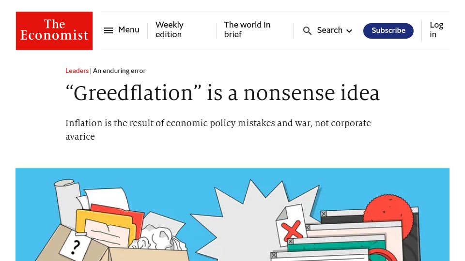 Screenshot of economist.com: “Greedflation” is a nonsense idea