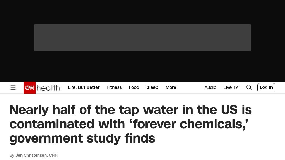 Screenshot of cnn.com: Nearly half of the tap water in the US is contaminated with ‘forever chemicals,’