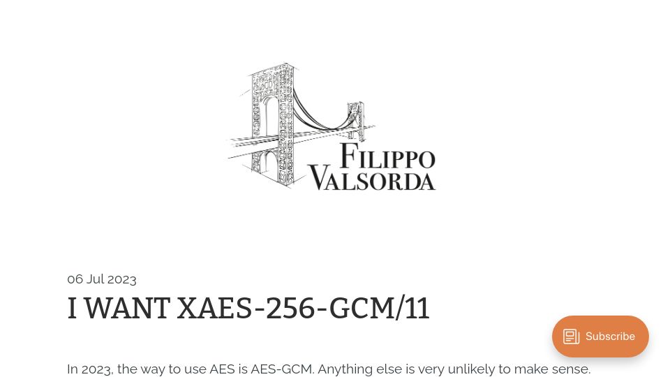Screenshot of words.filippo.io: I want XAES-256-GCM/11