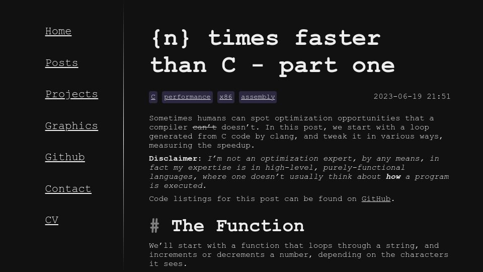 Screenshot of owen.cafe: {n} times faster than C