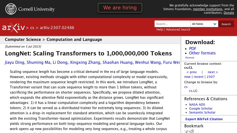 Screenshot of arxiv.org: Scaling Transformers to 1B Tokens