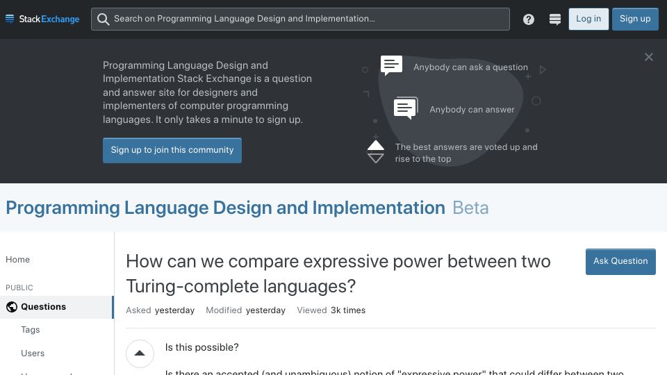 Screenshot of langdev.stackexchange.com: How can we compare expressive power between two Turing-complete languages?