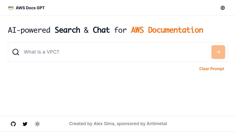 Screenshot of awsdocsgpt.com: AI for AWS Documentation