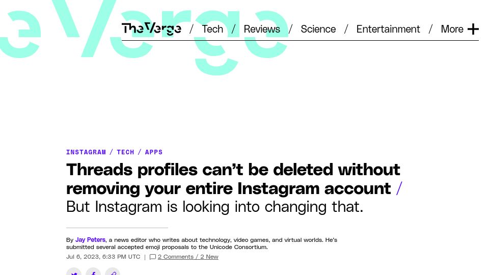 Screenshot of theverge.com: Threads profiles can't be deleted without removing your entire Instagram account