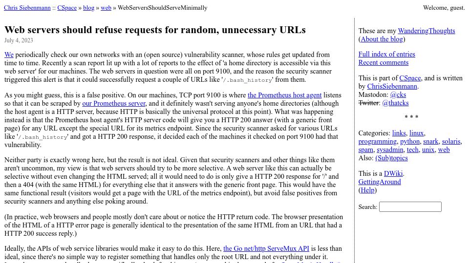 Screenshot of utcc.utoronto.ca: Web servers should refuse requests for random, unnecessary URLs