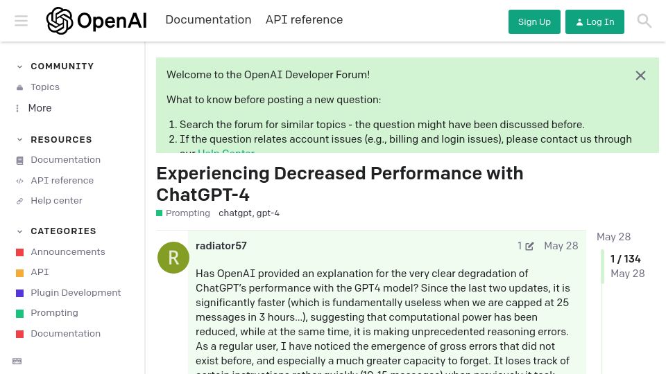 Screenshot of community.openai.com: Experiencing decreased performance with ChatGPT-4