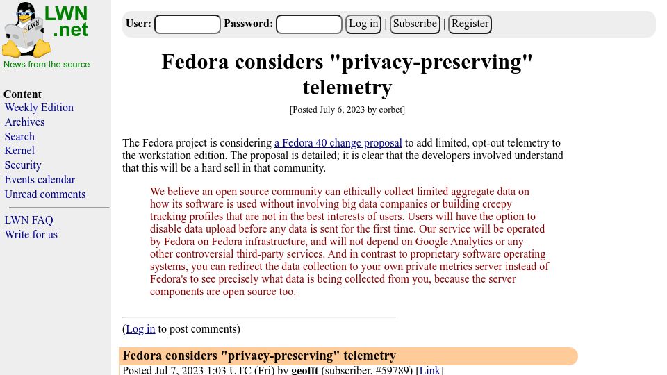 Screenshot of lwn.net: Fedora considers “privacy-preserving” telemetry