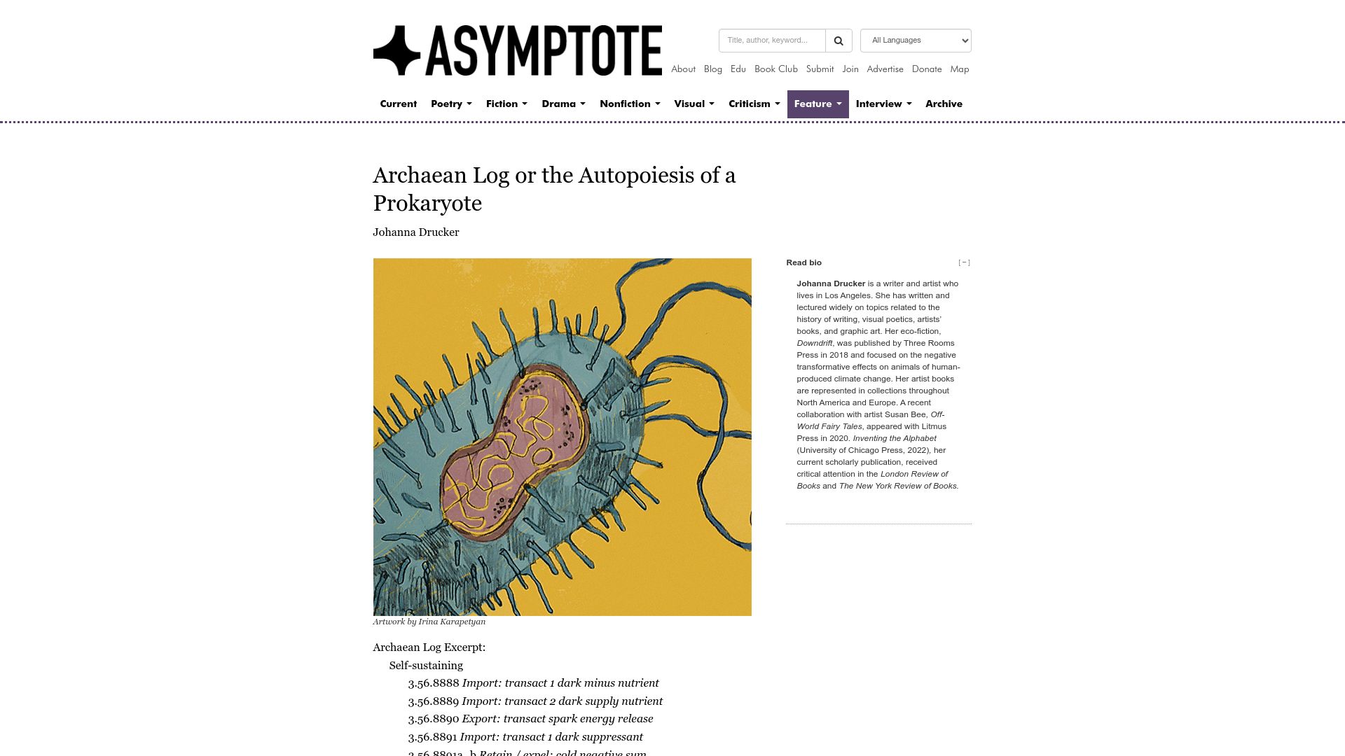 Screenshot of asymptotejournal.com: Archaean Log or the Autopoiesis of a Prokaryote