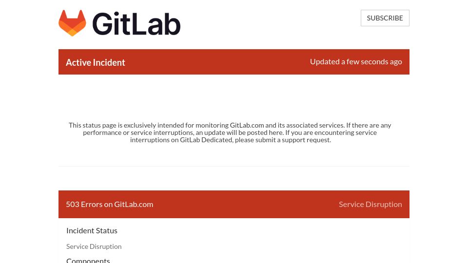 Screenshot of status.gitlab.com: Gitlab.com is down