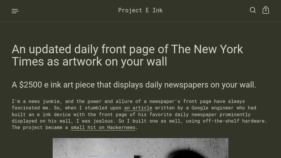 Screenshot of projecteink.com: 32“ E Ink screen that displays daily newspapers on your wall (2021)