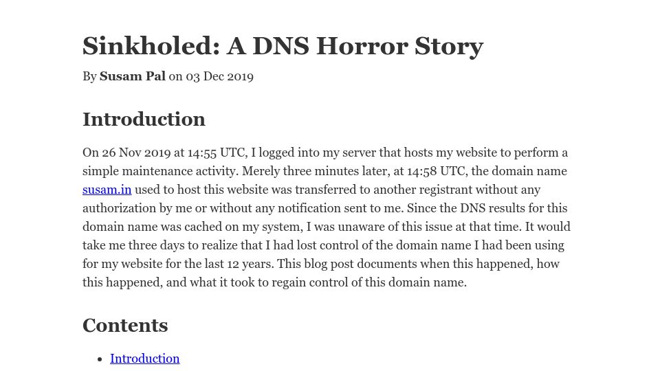 Screenshot of susam.net: Sinkholed: A DNS Horror Story (2019)