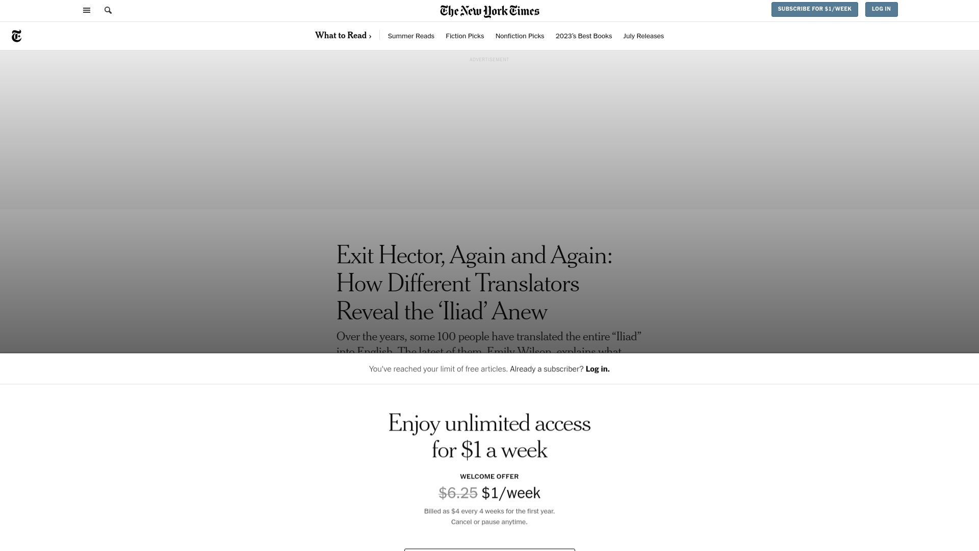 Screenshot of nytimes.com: Exit Hector, again and again: How different translators reveal the ‘Iliad’ anew