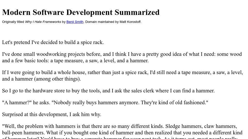 Screenshot of factoryfactoryfactory.net: Why I Hate Frameworks (2005)