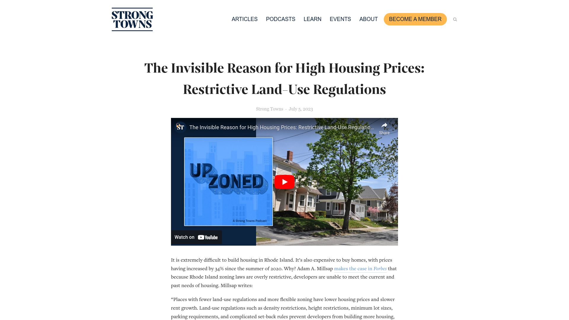 Screenshot of strongtowns.org: The Invisible Reason for High Housing Prices: Restrictive Land-Use Regulations