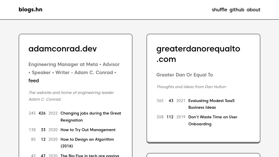 Screenshot of blogs.hn: Show HN: Blogs.hn – tiny blog directory