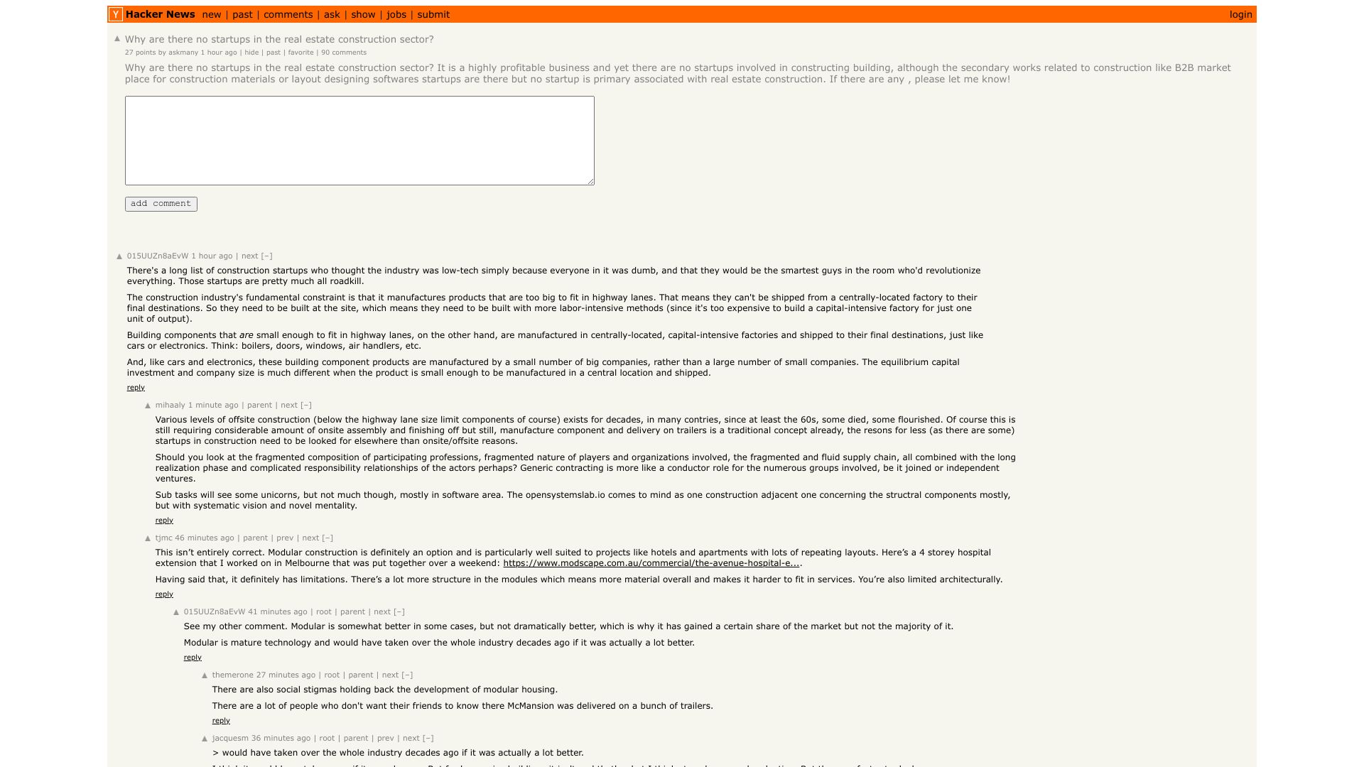 Screenshot of this Hacker News post: Why are there no startups in the real estate construction sector?