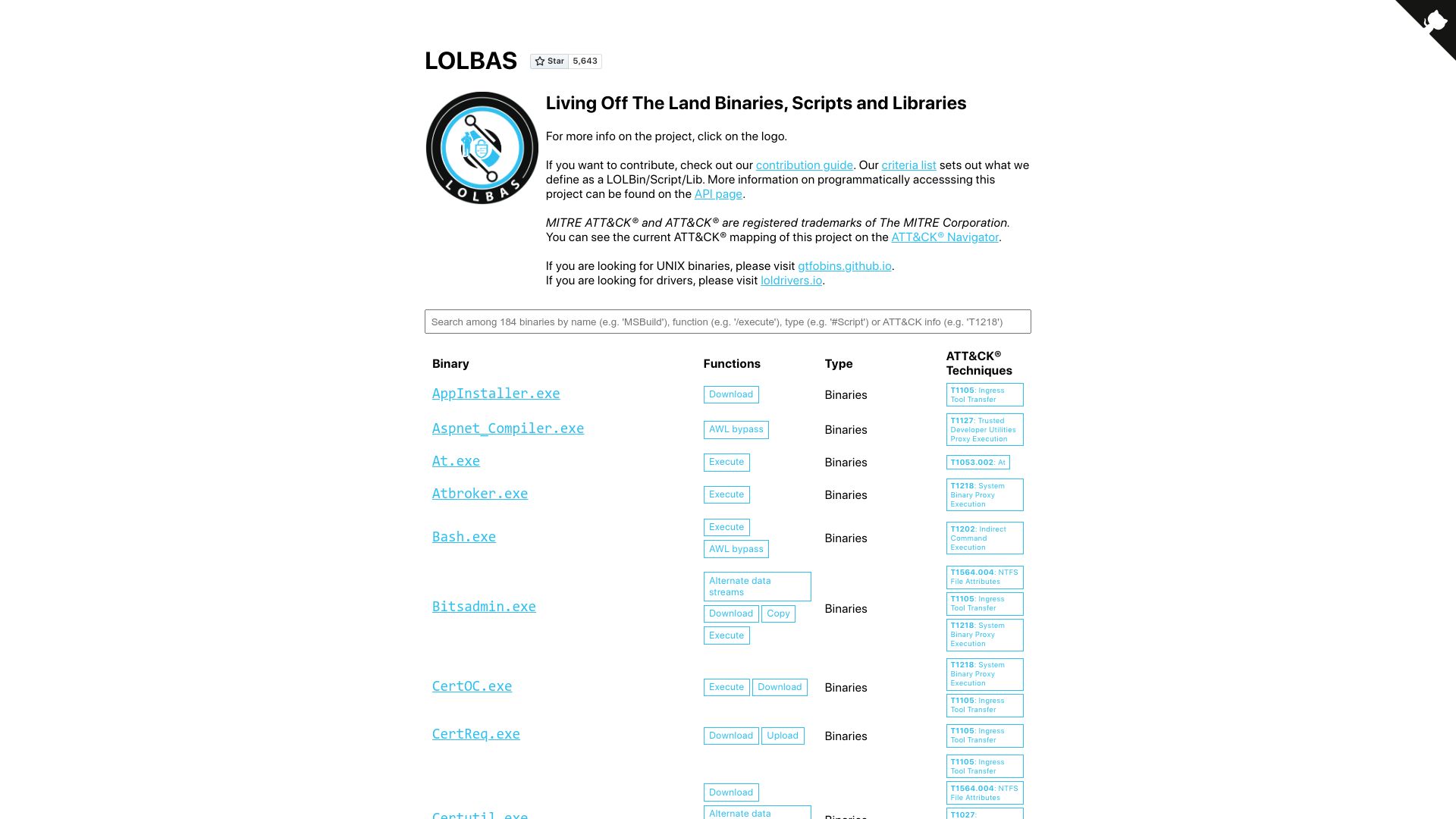 Screenshot of lolbas-project.github.io: LOLBAS: Living Off the Land Binaries, Scripts and Libraries