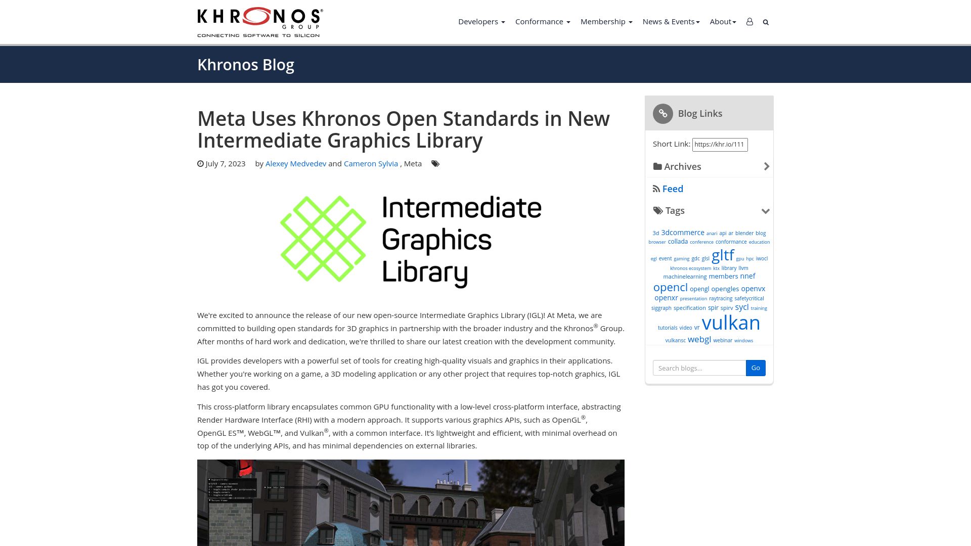 Screenshot of khronos.org: Meta releases Intermediate Graphics Library