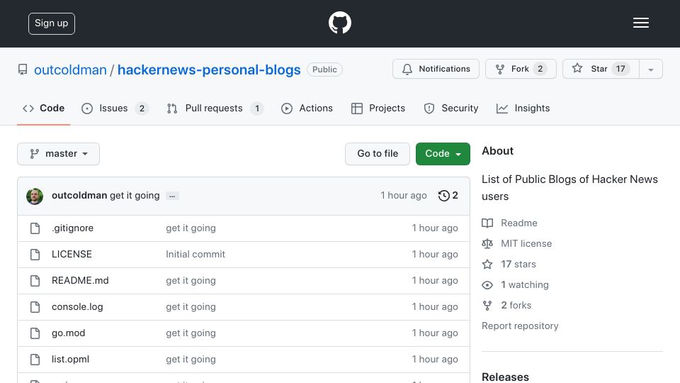 Screenshot of github.com: Show HN: OPML list of Hacker News Users Personal Blogs