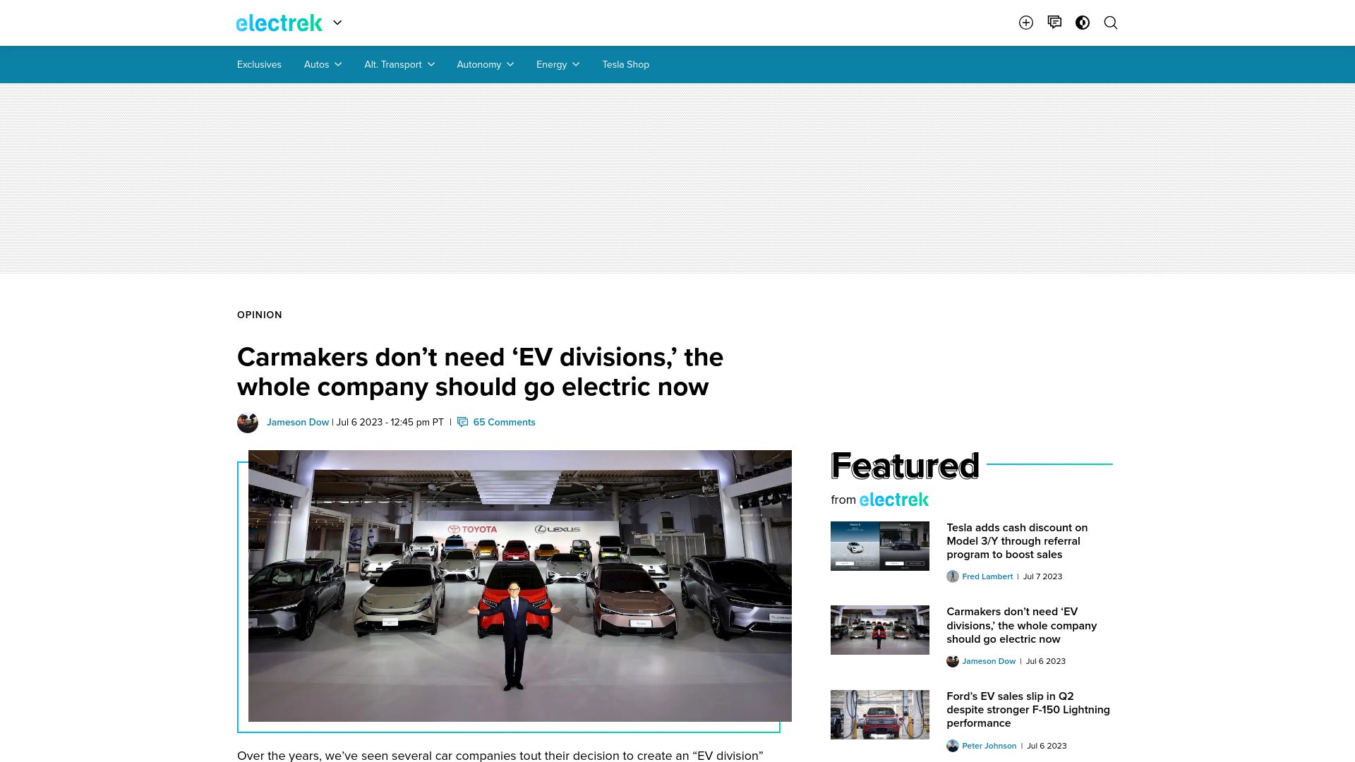 Screenshot of electrek.co: Carmakers don’t need ‘EV divisions,’ the whole company should go electric now