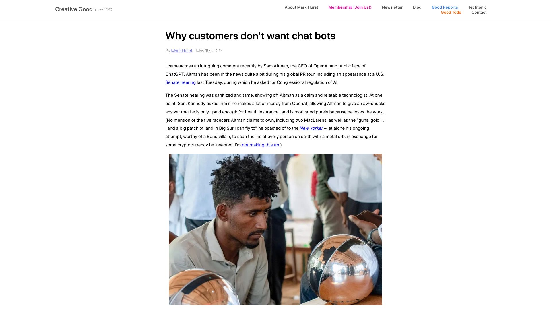 Screenshot of creativegood.com: Customers don't want chat bots