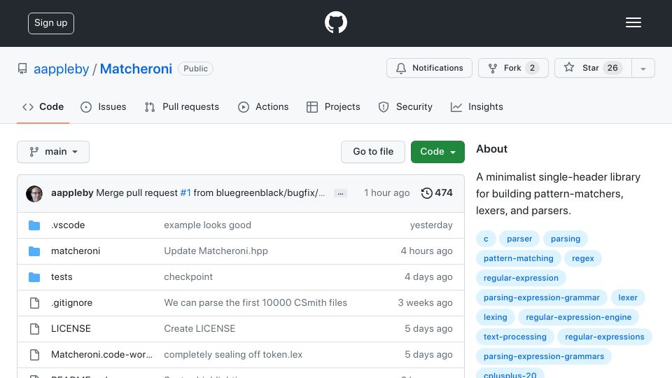 Screenshot of github.com: Show HN: Matcheroni, a tiny C++20 header library for building lexers/parsers