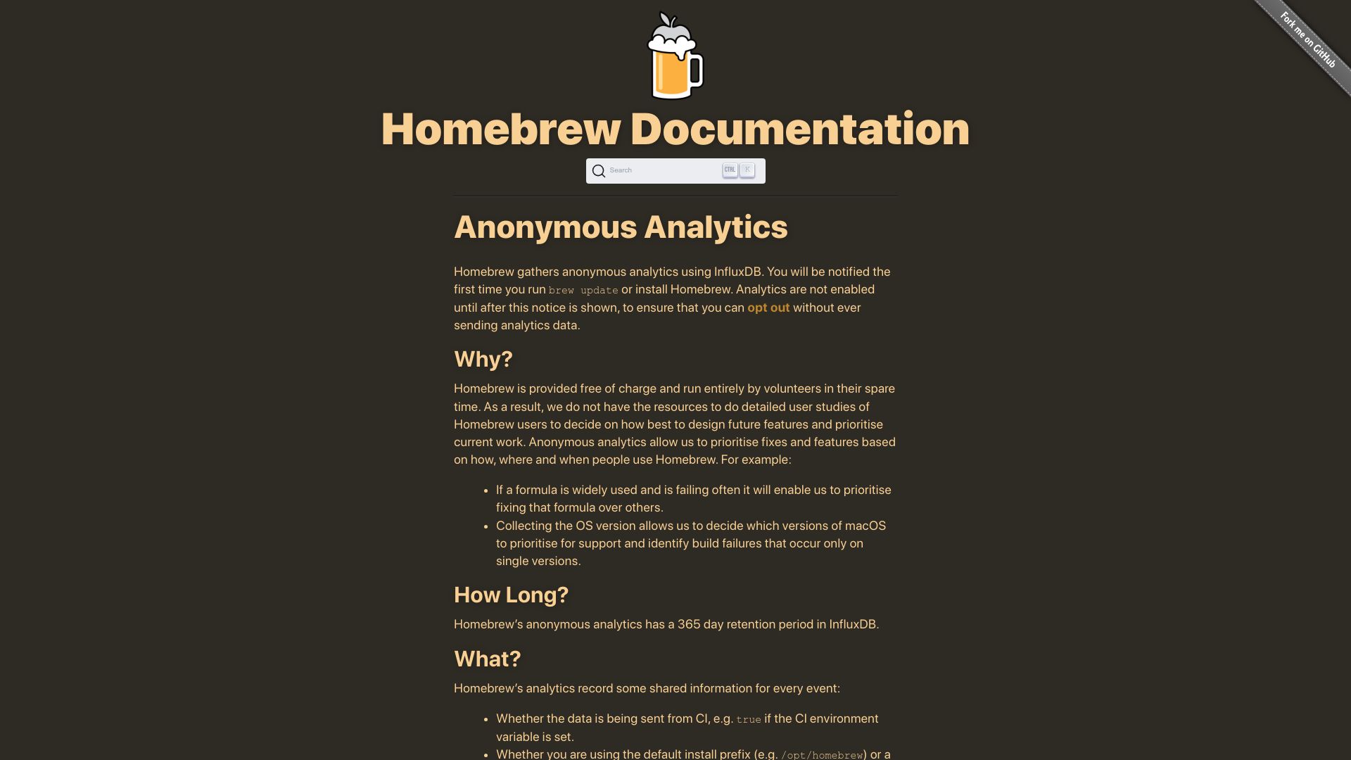 Screenshot of docs.brew.sh: Homebrew's analytics have moved to the EU and away from Google