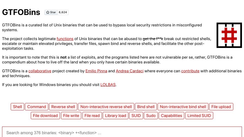 Screenshot of gtfobins.github.io: List of Unix binaries that can be used to bypass local security restrictions