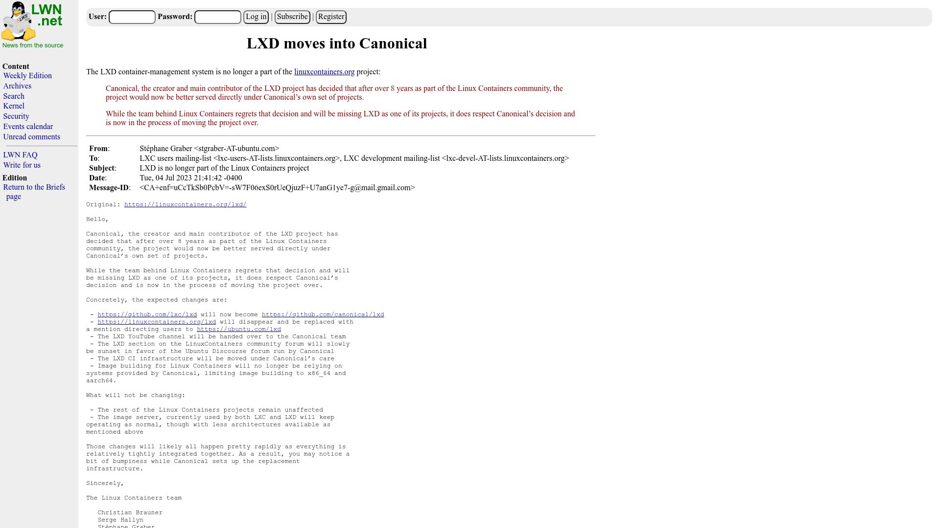 Screenshot of lwn.net: LXD Moves into Canonical