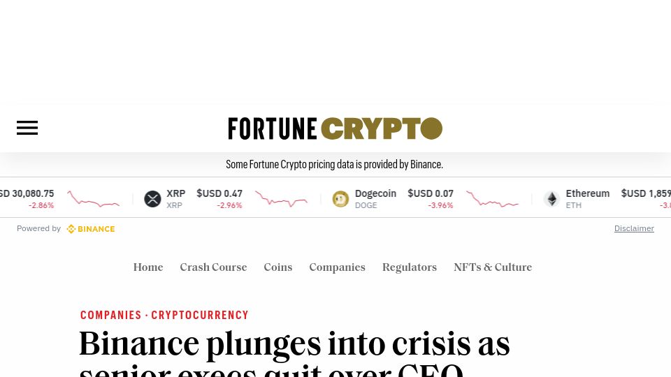 Screenshot of fortune.com: Binance execs quit over CEO CZ’s response to Justice Department investigation