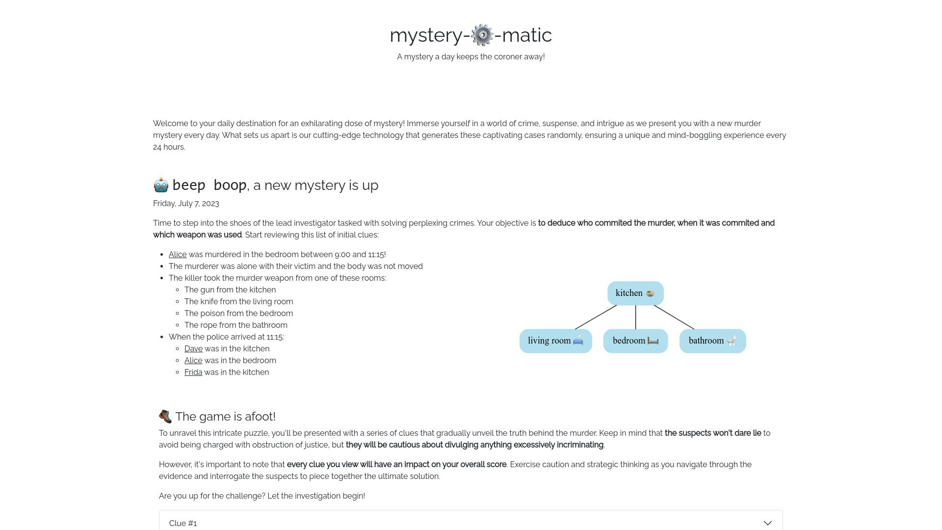 Screenshot of mystery-o-matic.com: Show HN: Mystery-o-matic – A daily murder mystery to solve
