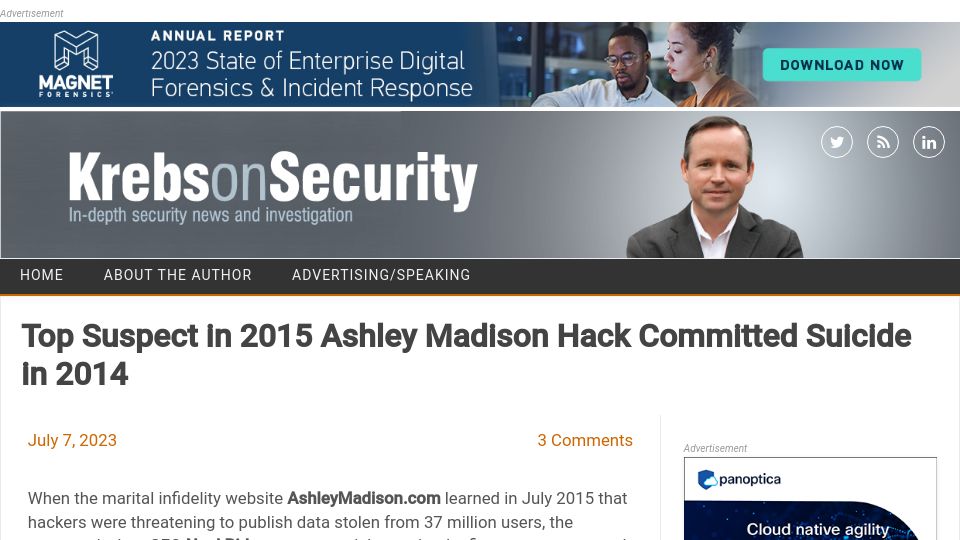 Screenshot of krebsonsecurity.com: Top suspect in 2015 Ashley Madison hack committed suicide in 2014