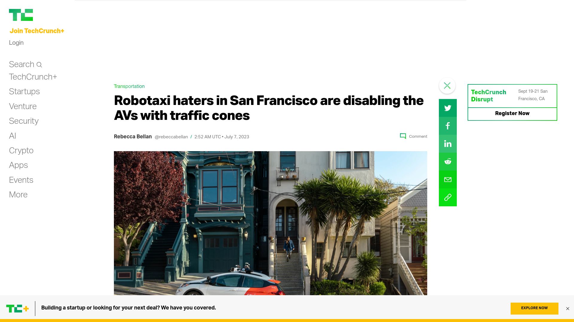 Screenshot of techcrunch.com: Robotaxi haters in San Francisco are disabling the AVs with traffic cones