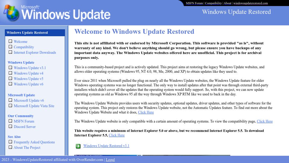 Screenshot of windowsupdaterestored.com: Windows Update Restored: Fix Windows update on Windows 95, 98, ME, 2000, and XP