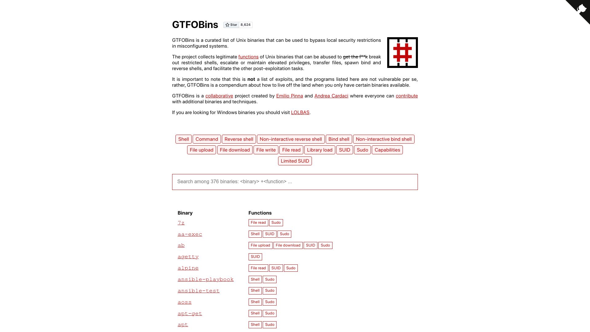 Screenshot of gtfobins.github.io: List of Unix binaries that can be used to bypass local security restrictions