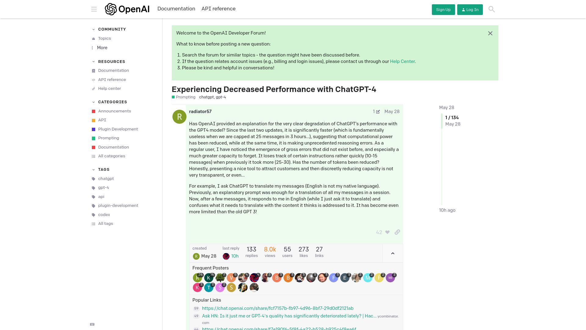 Screenshot of community.openai.com: Experiencing decreased performance with ChatGPT-4