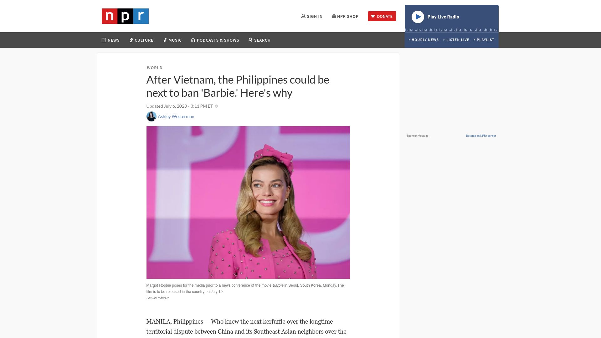 Screenshot of npr.org: After Vietnam, the Philippines could be next to ban 'Barbie.' Here's why