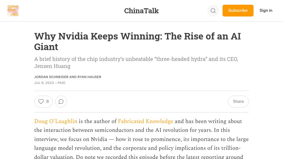 Screenshot of chinatalk.media: Why Nvidia Keeps Winning