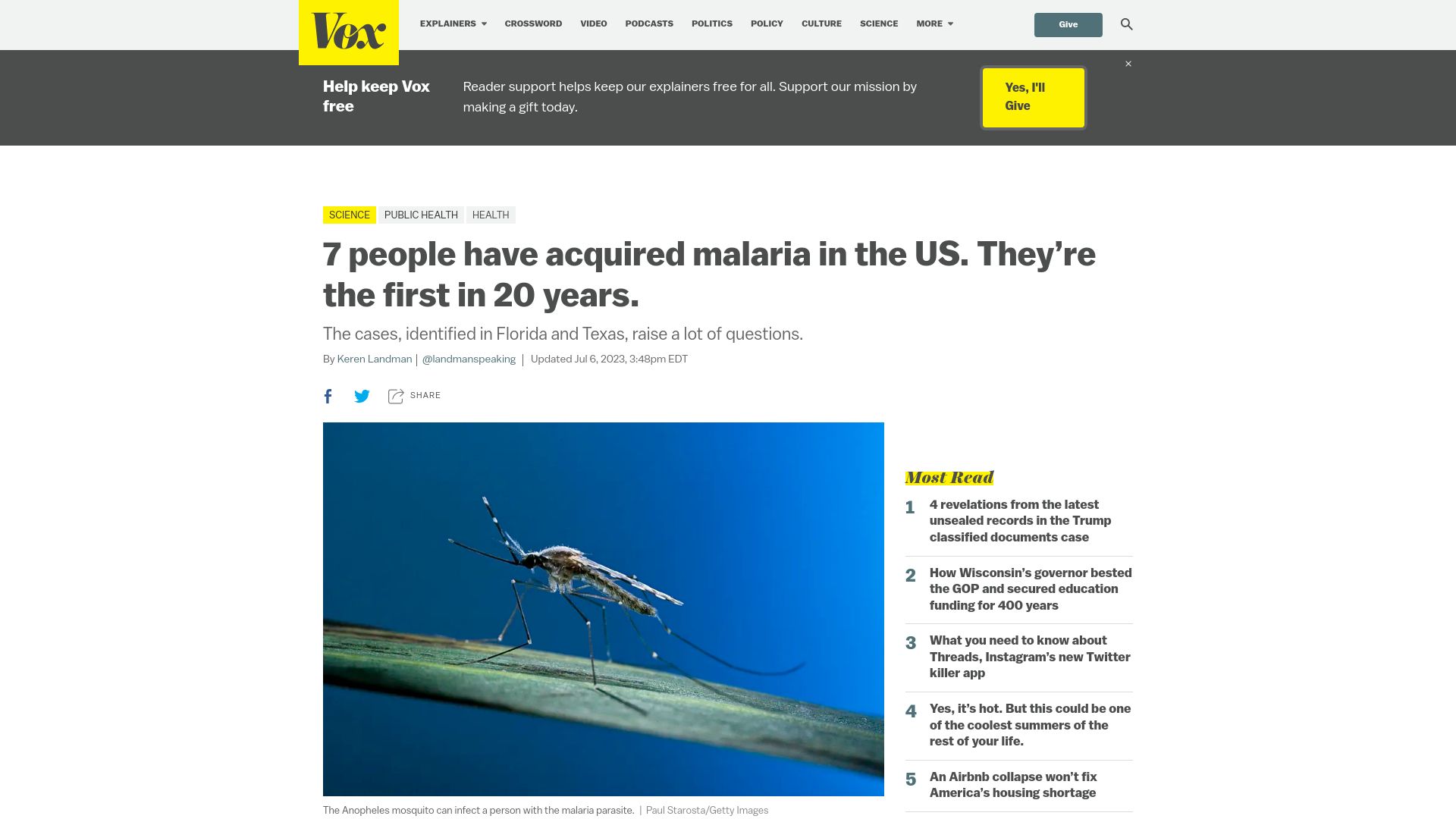 Screenshot of vox.com: First cases of malaria in the US in 20 years