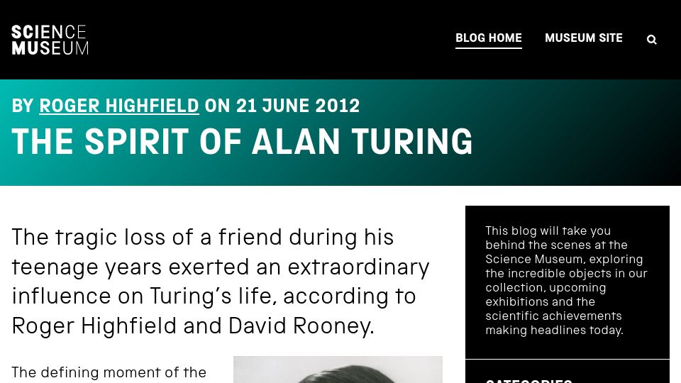 Screenshot of blog.sciencemuseum.org.uk: The Spirit of Alan Turing (2012)