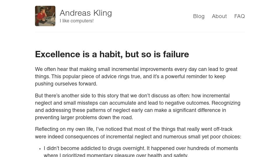 Screenshot of awesomekling.github.io: Excellence is a habit, but so is failure