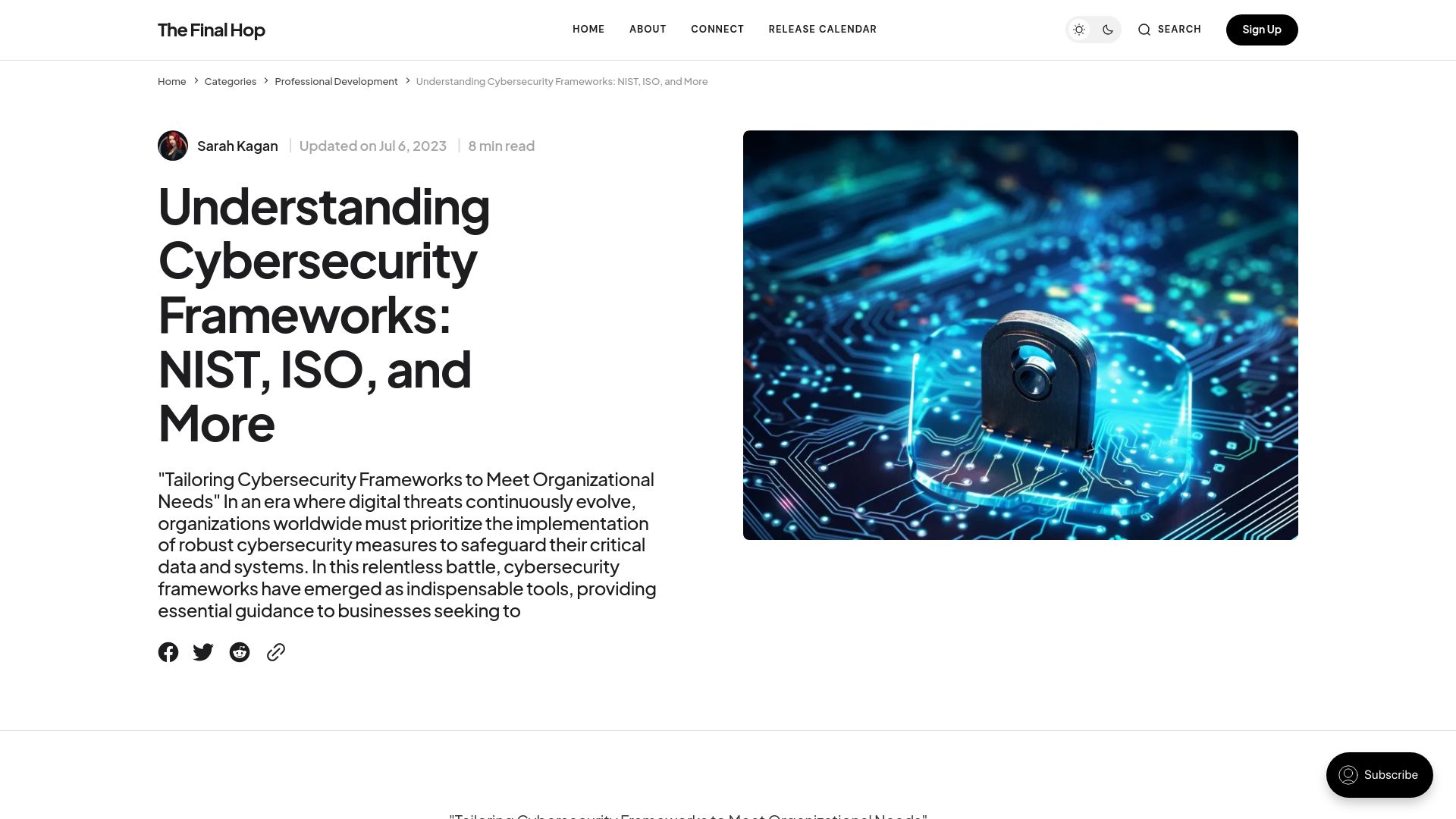 Screenshot of thefinalhop.com: Understanding Cybersecurity Frameworks: NIST, ISO, and More